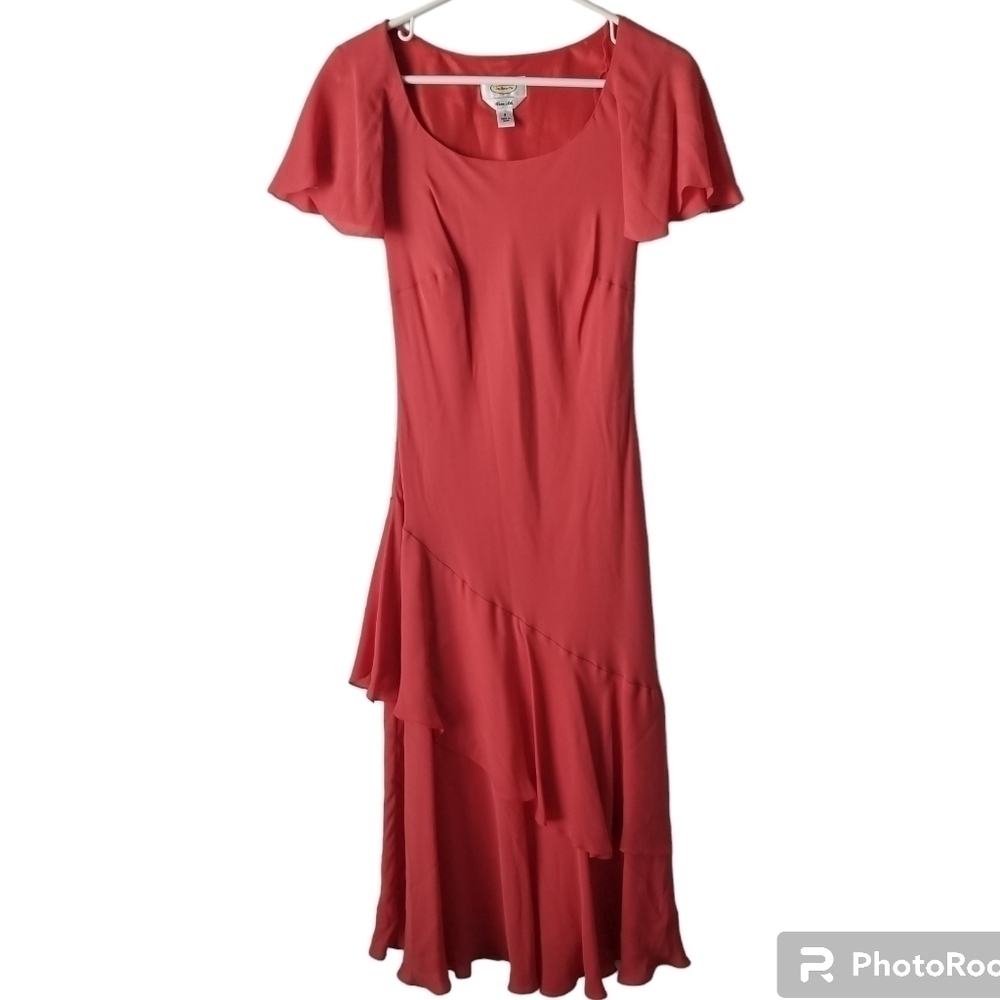 Talbots Pure Silk Coral Maxi Dress Asymmetrical Ruffle Hem Size 8
